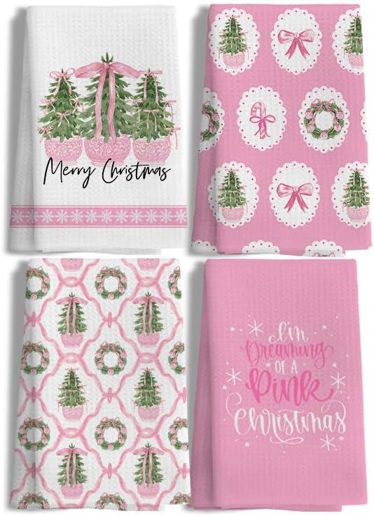 LUKIPOM309 Pink Chinoiserie Christmas Tree Kitchen Towels Set of 4, Coquette Pink Bow Grandmillennial Xmas Dish Tea Towels for Kitchen, Preppy Girly Christmas Hand Towel for Bathroom, 16x24 Inch
