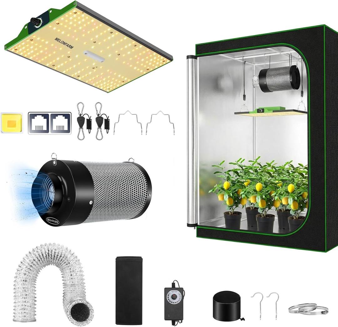 Grow Tent Complete Setup, 100W Full Spectrum LED Grow Light &48"x24"x60"Grow Tent Bundle, 4" Efficient Airflow Ventilation System with Soundproof Duct Connector