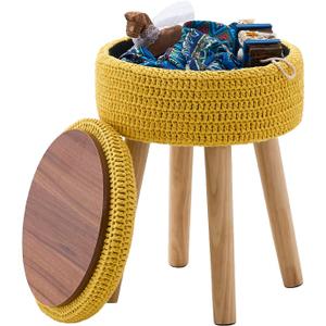 Wimarsbon Pouf Ottoman, 100% Cotton Knitted Boho Footstool, Round Footrest with Non-Skid Wood Legs, Home Dcor Handmade Pouffe, Leisure Floor Step Stool for Living Room (High Storage Yellow)