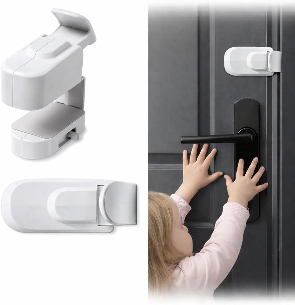 Childproof Door Lock Snap-On No Drill Safety Locks for Baby Toddler Proof Door Latch Fits Interior Door Lever Handle and Round Door Knob Bedroom Nursery