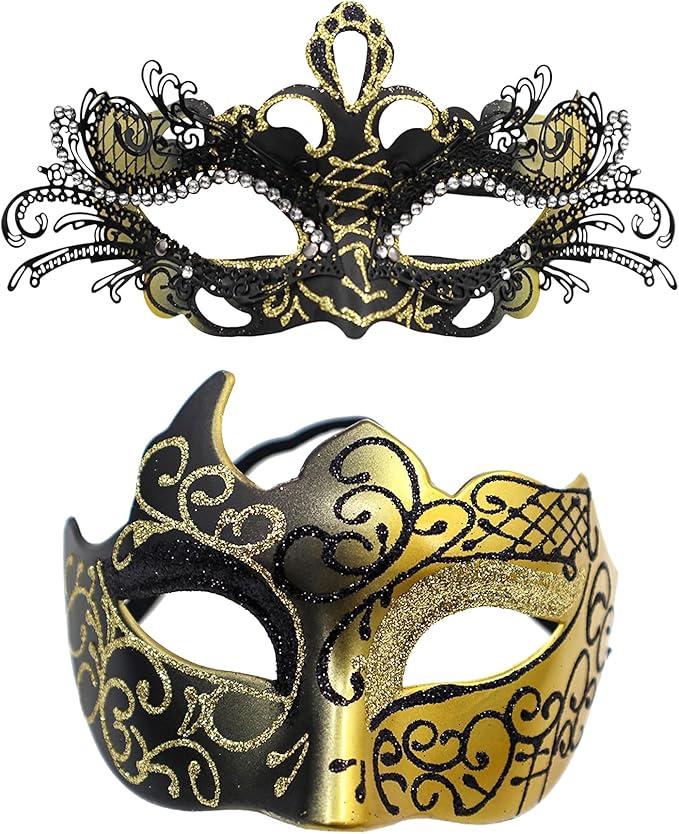 OIDEA Masquerade Mask Couples Set: Rhinestones Metal Cosplay Venetian Party Mask Halloween Costume Mardi Gras