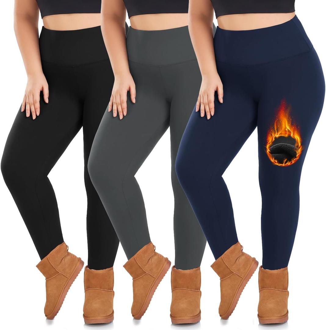 We fleece 3 Pack Plus Size Fleece Lined Leggings Women -Stretchy X-Large-4X Warm Winter Yoga Pants Thermal Leggings (Black/Grey/Navy)