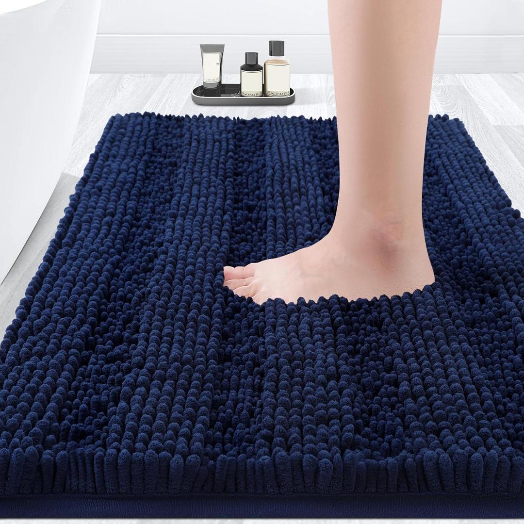 ACCUMTEK Striped Navy Blue Bathroom Rug Mat 36"x24" Ultra Soft, Non Slip Chenille Bath Rugs, Absorbent Plush Shaggy Bath Mats for Bathroom, Bedroom, Kitchen, Shower, Tub (1'11" x 2'11" (Rectangular))