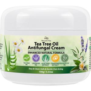 Recuren Plus Antifungal Cream with Tea Tree Oil Advanced Herbal Relief for Skin Fungus, Jock Itch, Eczema, Athlete's Foot, Tinea Versicolor, Natural Treatment 100g