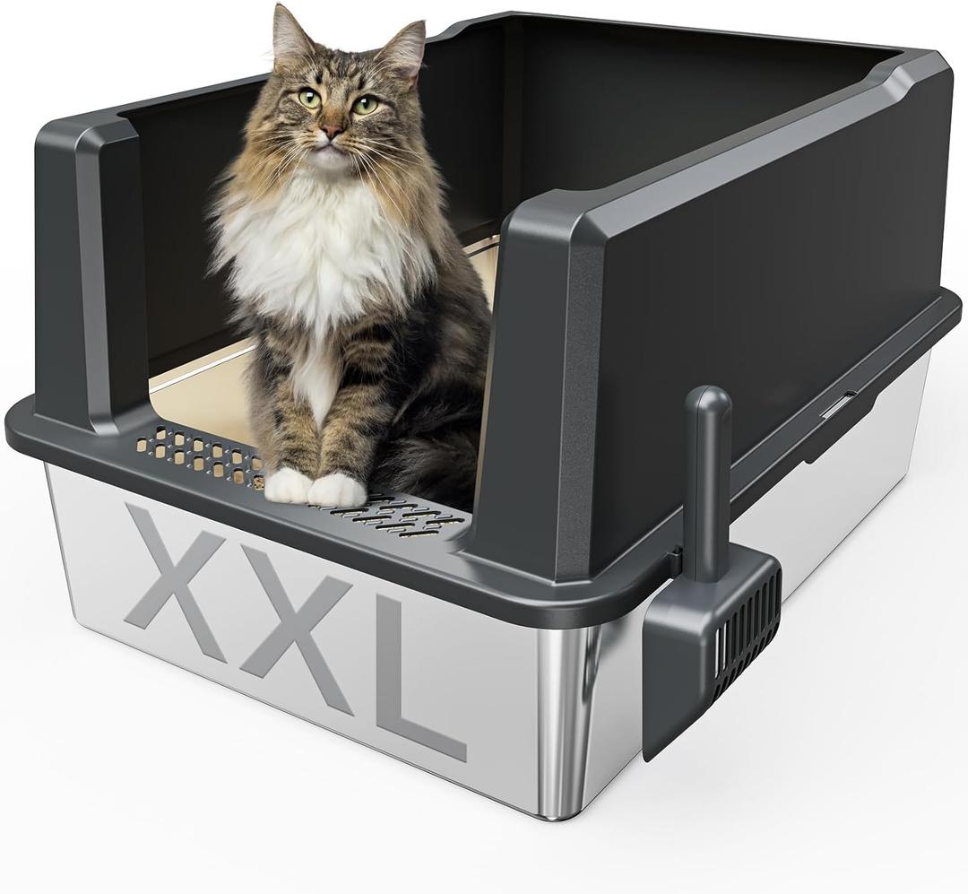 XXL Stainless Steel Cat Litter Box Extra Large 28"x20.5"x14" Metal Litter Box High Sides for Big Cats&Multiple Cats, Jumbo with lid Easy to Clean, No Odor, Anti-Urine Leakage, Non-Sticky (Gray)