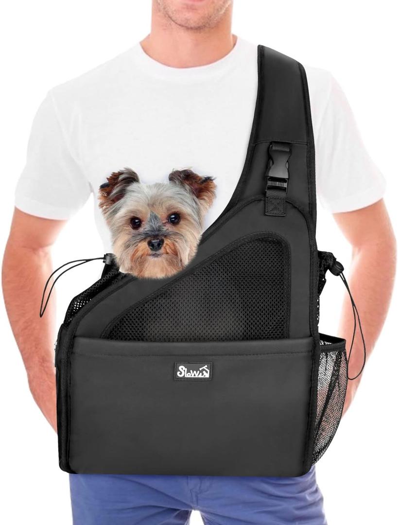 Lukovee Dog Slings for Small Dogs, Hard Bottom Support & Adjustable Soft Padded Shoulder Strap Dog Sling Carrier, Dog Purse with Button Closure & Zipper Pockets (for Pets 6-12 lbs, Black)