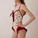 Women's Strawberry Print One Piece Beach Swimsuit with Cross-Back & Lace Trim,Tummy Control V Neck Bathing Suits (XL)