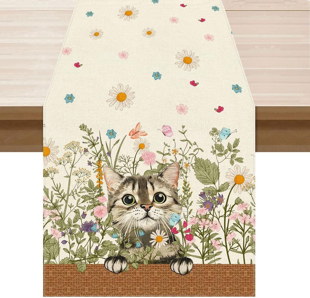 XCHI Wildflowers Cat Daisy Spring Table Runner Summer Table Decoration for Party Home Kitchen Dining Holiday Decor 13x90 Inch