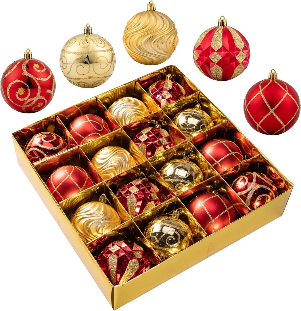 Christmas Ornaments - 16 Pcs Christmas Ball Ornaments Set, Assorted Shatterproof Christmas Glittering Ornaments for Christmas Tree, Christmas Tree Decoration for Xmas Holiday (Gold & Red)