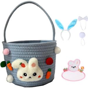 Personalized Easter Bunny Basket - Custom Easter Bucket Bag for Easter Egg Hunts (No custom-A-Blue)