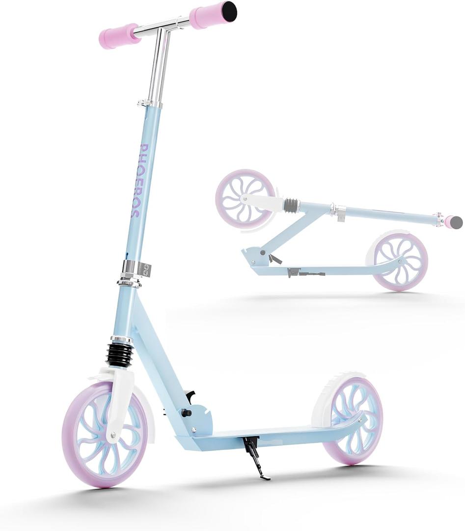 PHOEROS Kick Scooter for Kids Ages 6-12,Teens & Adults, Youth. Lightweight Aluminum Kick Scooter for Teens Adults Boys Girls with 8 inch Big Wheels, Foldable, 3 Height Adjustable, Shock Absorption.
