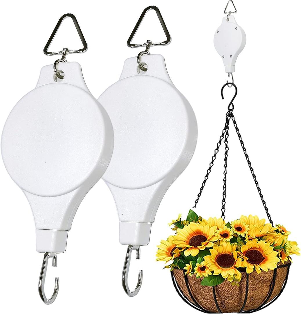 Adjustable Plant Pulley Hanger-2 Pack, Plant Pulley Retractable Hanger, Pully Hook for Hanging Garden Basket Pots, Bird Feeder Outdoor Heavy Duty (White-2Pcs-003)