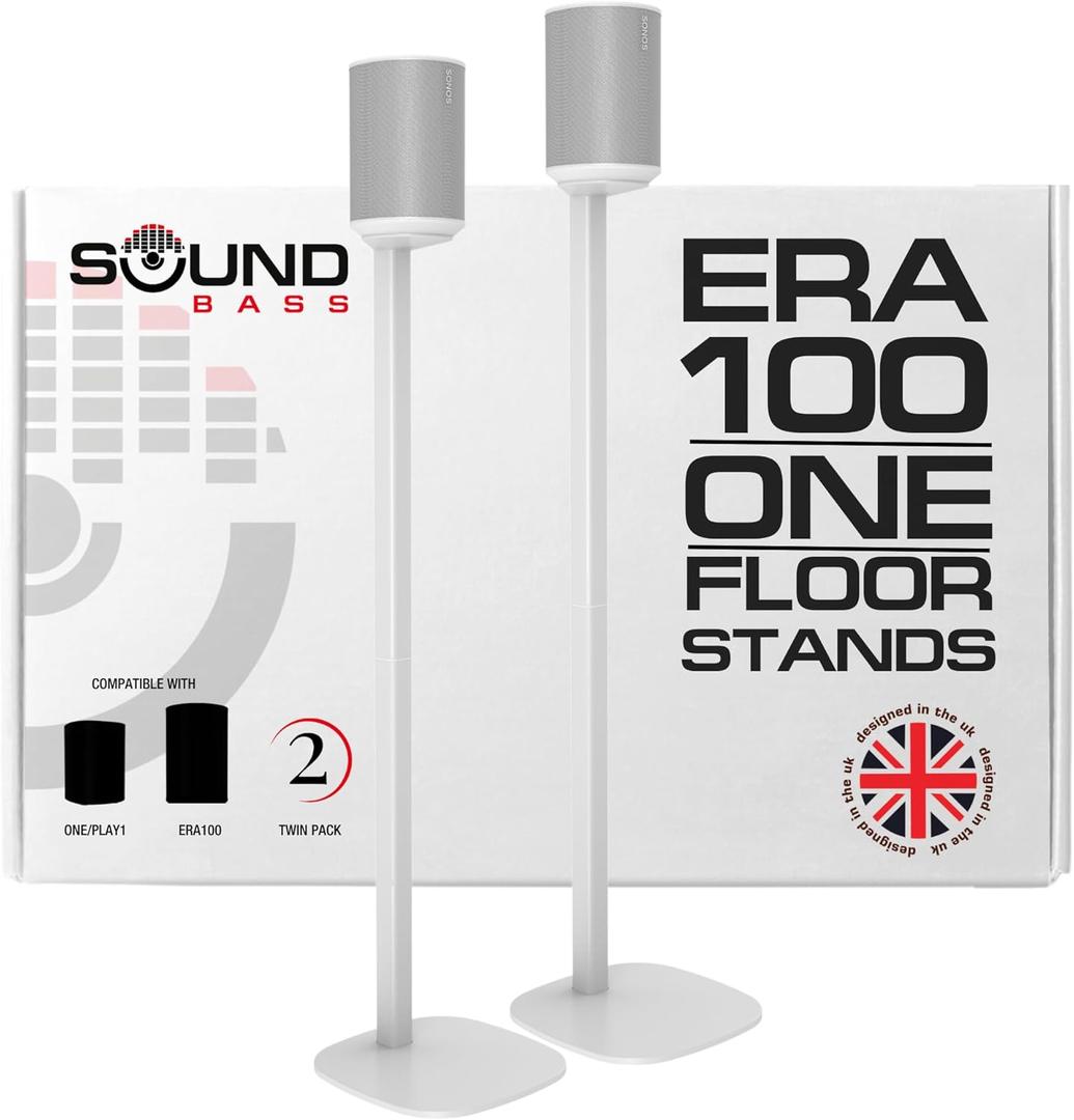 Sound bass ERA 100 Floor Stand, Twin (2pcs), Compatible with Sonos ERA100 & ERA 100 SL, Sonos ONE & Play:1 Speakers, Accessories Included. Designed in The UK, Double, Pair (White)