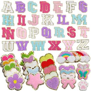 78 PCS Stick On Patches for Backpack Clothing, Self-Adhesive Colorful Chenille Decorative Sticker Patches with Sequin Edges in Assorted Designs, Heart Butterfly Flower Rainbow Star Letters