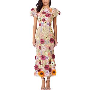Women's 3D Floral Embroidery Dress Ruffle Sleeve Fishtail Lace Bodycon Party Cocktail Mini Dress (Apricot, M)