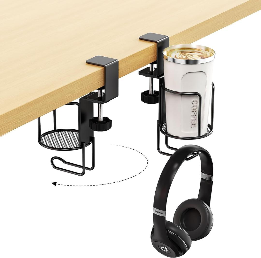 CABTE 2 in 1 Desk Cup Holder with Headphone Hanger Holder, Anti-Spill Clip-On Table Cup Hook with 360 Rotation for Lawn Chair, Office Home Gaming Table (1 Pack)