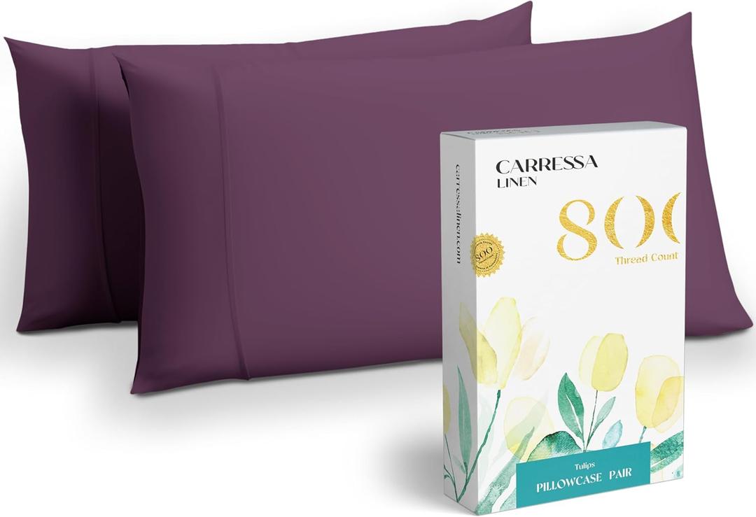 Carressa Linen 100% Egyptian Cotton Standard/Queen Size Pillow Cases Set of 2-800 Thread Count Pillow Cover - Soft, Breathable, Cooling Pillowcases Set of 2 for Standard/Queen Pillows - Plum