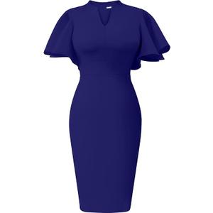 Memoriesea Women's Elegant Ruffle Sleeve Formal Party Cocktail Pencil Midi Dress M