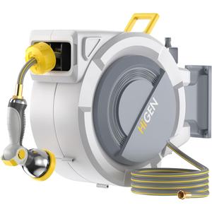 Retractable Garden Hose Reel, 1/2 in x 100 ft Heavy Duty Wall Mounted Water Hose Reel for Outside, UV Resistant Shell, Any Length Lock, Slow Rewind System, 180 Swivel Bracket, 10 Pattern Metal Nozzle