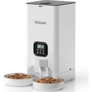 Voluas Automatic Cat Feeder for Two Cats, Double Pet Feeder with 2 Stainless Steel Bowls,6L Timed Cat Feeders with Memory Function