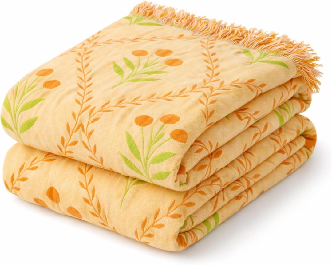 100% Cotton Boho Throw Blanket for Home Decor – Classic Farmhouse Quilt Bedding, Muslin Blankets for Adults, Vintage Woven Decorative Blanket for Couch, Bed Layering Use, Vintage Floral, 104"x90"