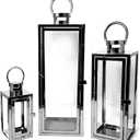 Allgala 3-PC Lantern Set 23 Inch Jumbo Deluxe Modern Indoor/Outdoor Candle Lantern Set Stainless Steel Frame Tempered Glass Rectangular Black for Garden Poolside Fireplace Wedding