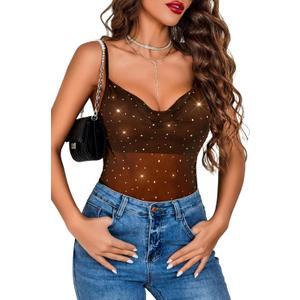 Avidlove Women's Mesh Camisole Cowl Neck Tank Top Cami Sequin Basic Tank Shirt Blouses (Brown, M)