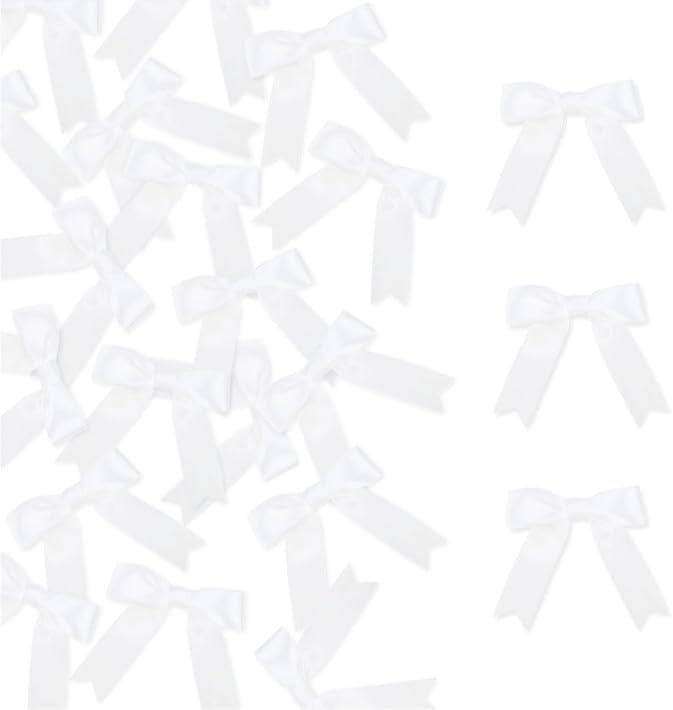 Meseey 100 Pcs White Satin Ribbon Bows with Twist Tie 2.5 Inch Pretied Premade Colored Craft Bows for Gift Wrapping Basket Wedding Baby Shower Brithday Party (White)
