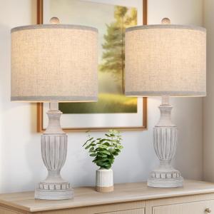 TOBUSA Farmhouse Living Room Table Lamps Set of 2, Grey Rustic Vintage Table Lamps for Bedroom Nightstand, Antique Bedside Desk Lamps with Linen Shade, 22 Traditional Resin Lamp Sets for End Table