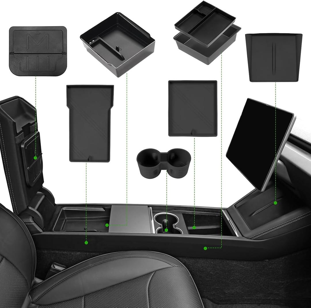 9PCS Center Console Organizer Tray for 2024 2025 2026 Tesla Model 3 Accessories, Armrest Hidden Storage Box Cup Holder Charger Pad for Tesla Model 3 Highland