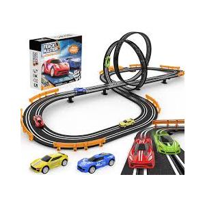 Slot-Car-Race-Track-Sets for Boys Kids, Battery or Electric Race Car Track with 4 High-Speed Slot Cars, Dual Racing Game 2 Hand Controllers Circular Overpass Track, Toys Gifts for 6-8 8-12 Boys Girls