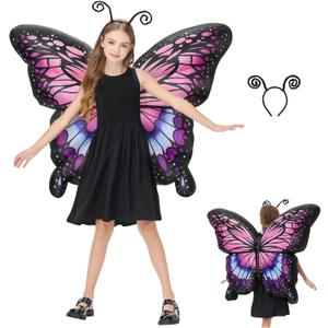 Inflatable Fairy Wings for Girls,Kids Butterfly Wings with Butterfly Antenna Headband,Angel Wings Fairy Costume Halloween Blow up Costumes with Headband LED Dress Up Party