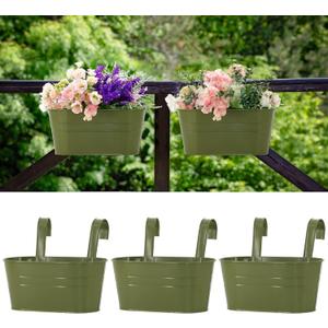 Meltset M 3 Pack Metal Railing Planters, 10.5" Oval Hanging Flower Pots with Detachable Hooks & Drainage Holes, Fits Rails up to 2.36", Galvanized Iron Fence Bucket for Balcony Garden Patio - Green
