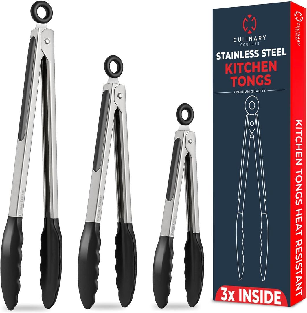 Kitchen Tongs with Silicone Tips Set of 3 Heat Resistant Tongs for Serving Food, 7Inch, 9Inch, 12Inch Locking Silicone Tongs for Cooking, Salad Tong, Black Kitchen Utensils