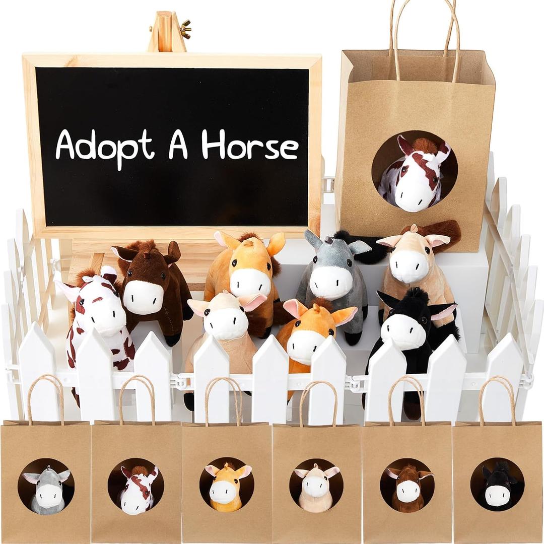 Arrowbash 36 Pcs Adopt a Horse Party Favor Mini Plush Horse Stuffed Animal with 10 White Plastic Fence 12 Kraft Paper Bags Wooden Chalkboard Sign for First Rodeo Birthday Pony Cowboy Farm Supplies
