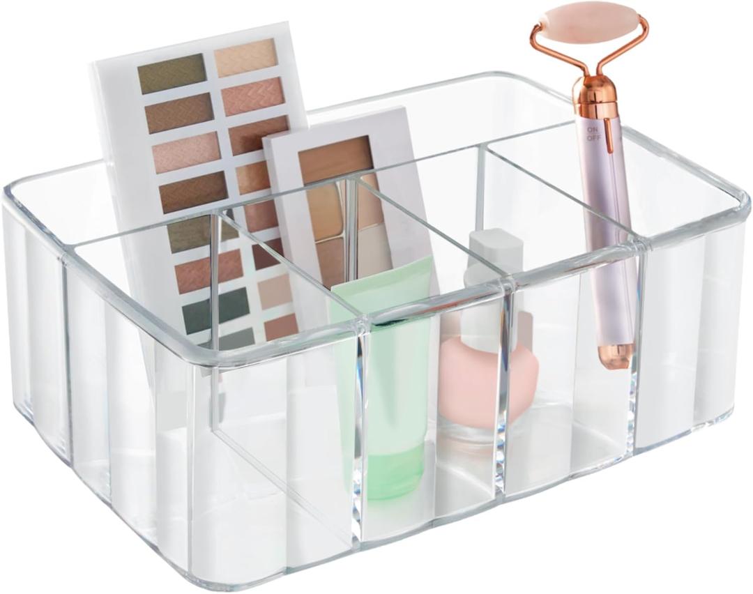 STORi 5-Compartment Clear Plastic Organizer | Rectangular Divided Makeup and Vanity Storage Bin and Office Desk Caddy | Scalloped Wall Design | Made in USA