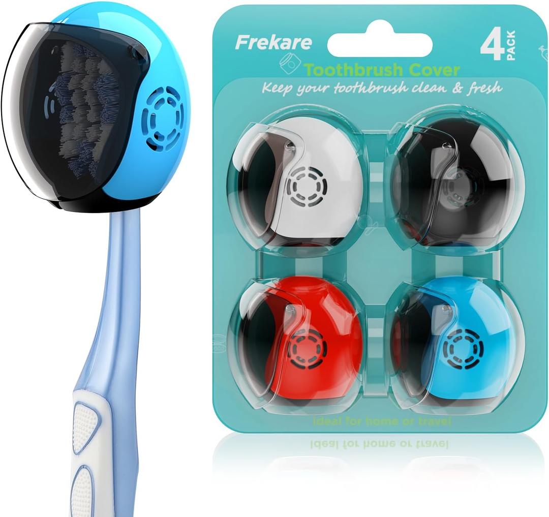 Frekare Helmet Toothbrush Covers Caps, Fits Most Manual and Electric Tooth Brushes, 4 Count (White, Black, Blue, Red)
