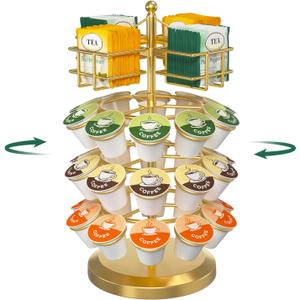 EsLuker.ly K Cup Holder Coffee Pod Organizer Carousel for Countertop, Rotatable Metal 4-Tier Storage Rack Stand for 30 K Cups & Tea Bags, Convenience Meets Elegance, Gold