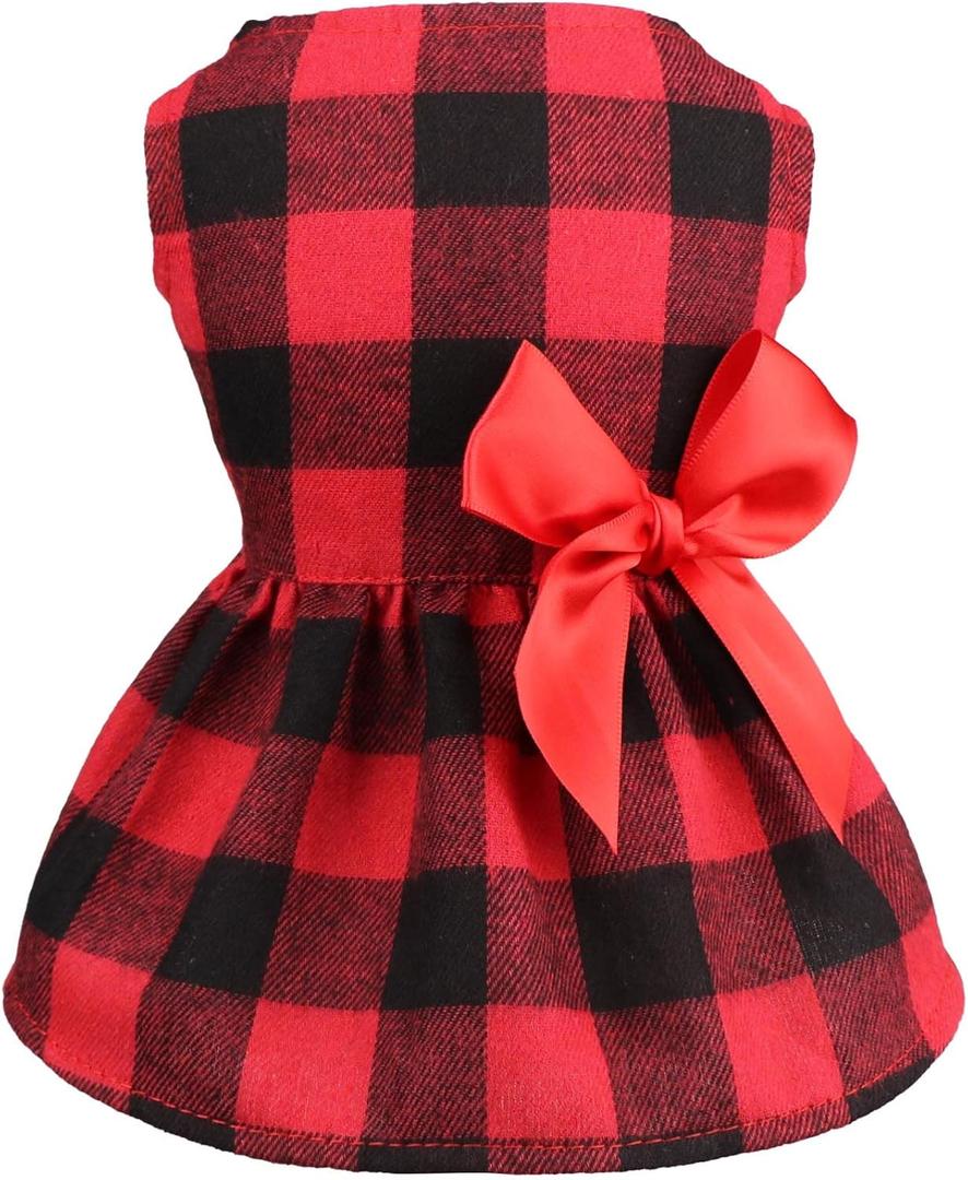 Buffalo Plaid Dog Dresses Cute Bowtie Clothes Cotton Soft Christmas Outfit Dog Costume for Dogs Cat Apparel (L)
