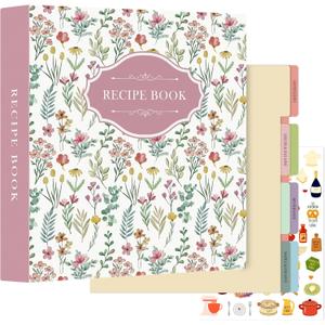 Lanpn Recipe Binder 8.5x11 3 Ring Kit, Blank Organizer Recipe Binder Waterproof Cookbook to Write in Your Own Recipes with 60 Plastic Sleeves,116 Recipes, Dividers, Labels & Stickers, Pink