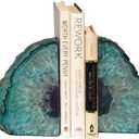 AMOYSTONE Agate Geode Bookends Heavy Duty Stone Book Ends Decorative Bookend Holder Home Office Decor with Rubber Bumpers Teal 1 Pair, 2-3 LBS
