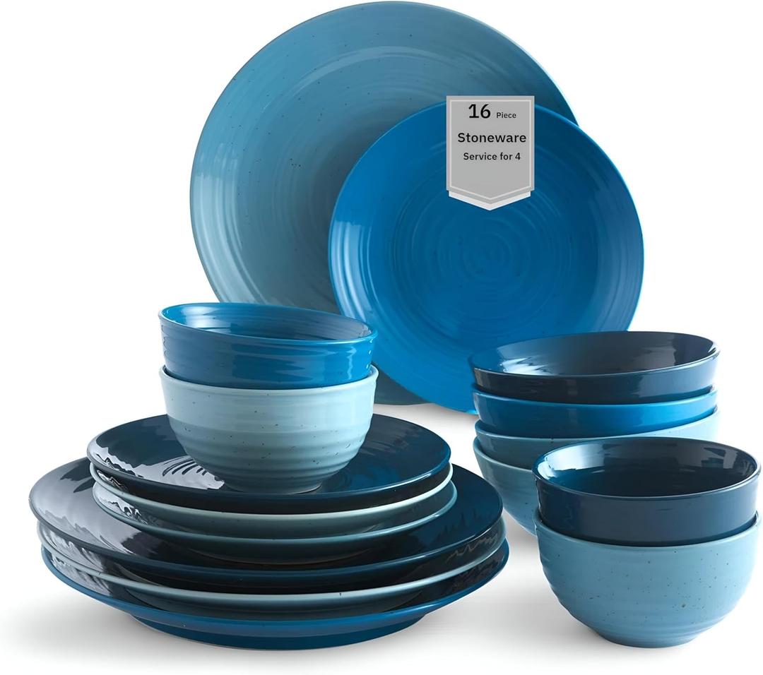 Sango Siterra Artist's Blend 16-Piece Stoneware Dinnerware Set  Service for 4, Ocean Blue Glossy Glaze with Unique Speckled Design, for Everyday Dining & Entertainment, Microwave & Dishwasher Safe