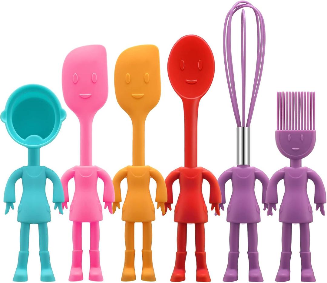 Human Shaped Kitchen Utensils Set 6 Piece Non Stick Heat Resistant Baking Tools Kitchen Gadgets Silicone Cute Utensils with Comfortable Grip Handle, Dishwasher Easy Clean and Stand up Kitchenware