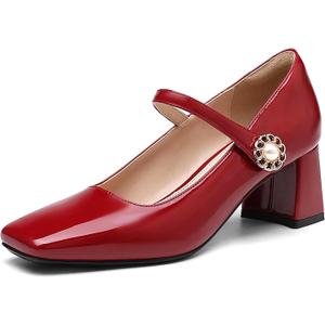NEWBELLA Women's Patent Leather Mary Janes - Glossy Square Toe Pumps with Chunky Heel & Buckle Strap, Retro Dress Shoes for Work & Formal Events