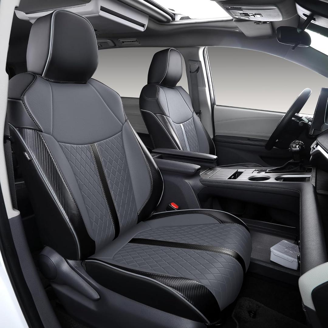 Custom Fit Sienna Seat Covers for 2021-2026 Toyota Sienna 7-Seat XLE XSE Woodland Limited Platinum [Ottoman Not Covered], Waterproof Faux Leather Full Set Airbag Compatible (Black+Grey)