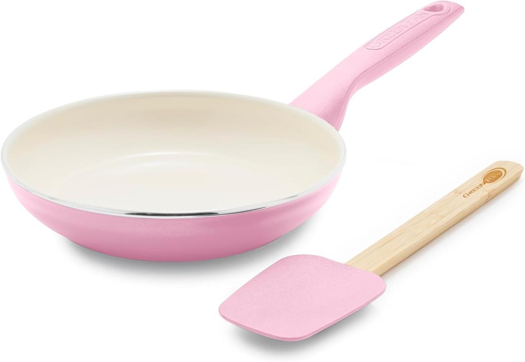 GreenPan Rio Healthy Ceramic Nonstick 8" Frying Pan Skillet and Silicone Spatula Set, Soft Grip Handle, Breaktfast Meal Set, PFAS-Free, Dishwasher Safe, Oven Safe, Pink (8" Frypan and Spatula Set)