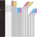 StrawExpert Set of 16 Reusable Stainless Steel Straws with Travel Case Cleaning Brush Silicone Tips Eco Friendly Extra Long Metal Straws Drinking for 20 24 30 oz Tumbler, Silver