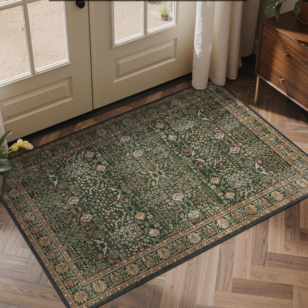 Bavni Washable Rugs 3x5-Machine Washable Rug Lightweight Low Pile, Vintage Floral Rug Non-Shedding Distressed Throw Carpet for Living Room Bedroom Office, Dark Green/Multi