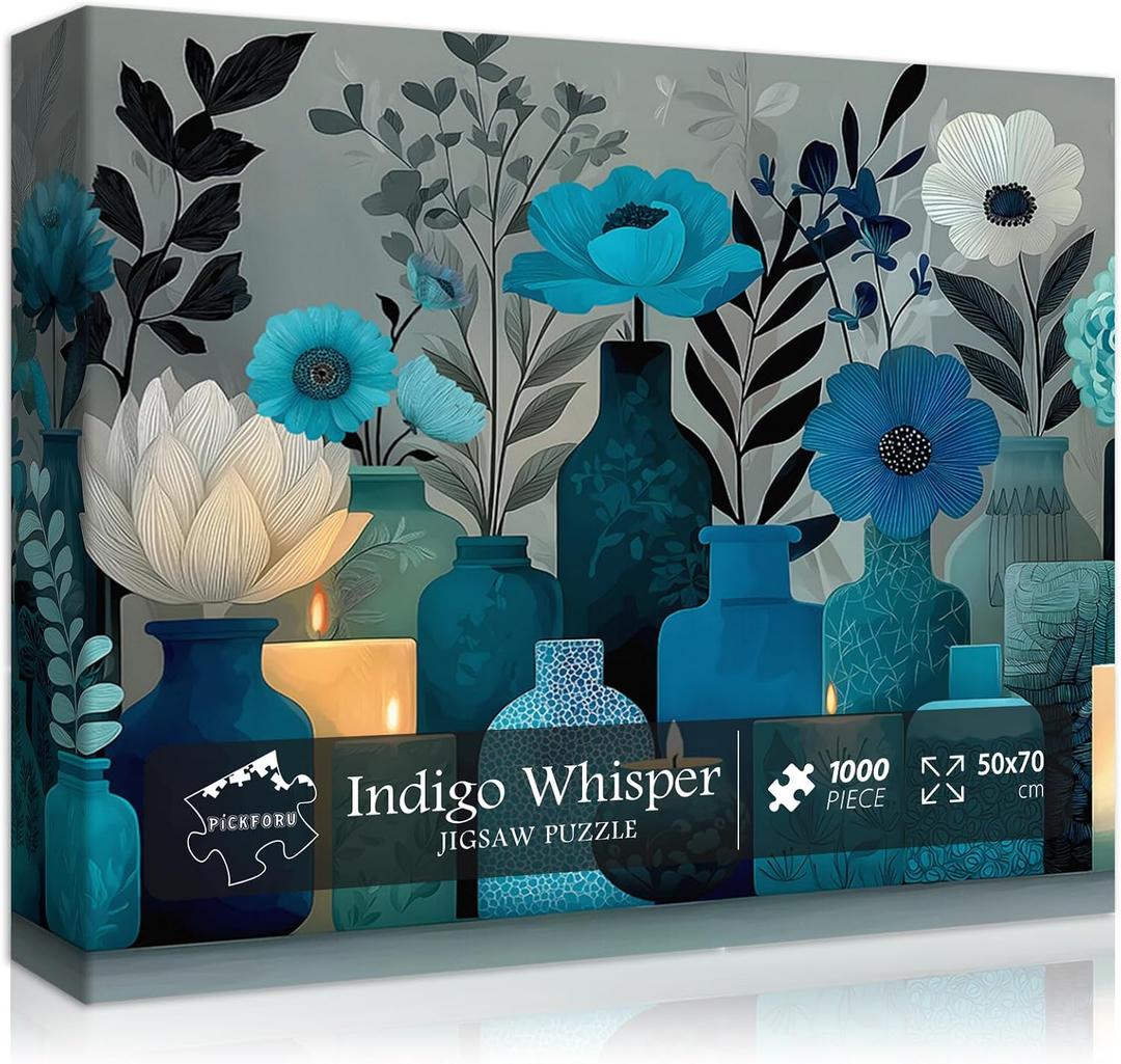 Blue Flower Puzzles for Adults 1000 Pieces,PICKFORU Indigo Whisper Jigsaw Puzzle, Elegant Plant Floral Vase Puzzles, Challenge for Adults Modern Aesthetic