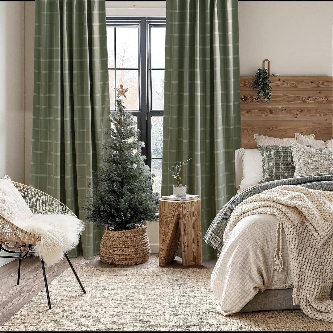 KGORGE 100% Blackout Plaid Curtains 2 Panels, Moss Green Windowpane Check Thermal Insulated Vintage Patterned Grid Drapes for Bedroom Living Room Kids Room, Rod Pocket Back Tab, W52 x L84
